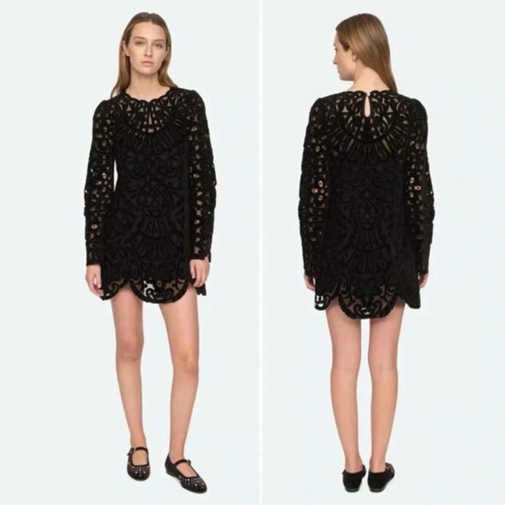 Sea New York Dana Dress Black Velvet Embroidered Illusion Mini Party Size 00